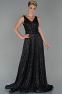 Siyah Kolsuz Güpürlü Uzun Nişan Elbisesi ABU1741