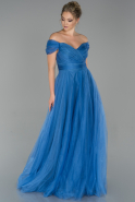 İndigo Uzun Kayık Yaka Prenses Model Abiye Elbise ABU1585