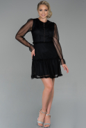 Siyah Uzun Kol Dantel Mini Davet Elbisesi ABK1062
