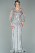 Gümüş Uzun Özel Tasarım Taş İşlemeli Abiye Elbise ABU976