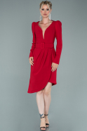 Kırmızı Uzun Kol Eteği Volanlı Davet Elbisesi ABK1134