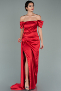 Kırmızı Kayık Yaka Kuyruklu Uzun Saten Abiye Elbise ABU1959