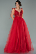 Kırmızı Taşlı Uzun Tül Prenses Abiye Elbise ABU1955