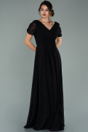 Siyah Kısa Kol V Yaka Uzun Şifon Abiye Elbise ABU2005