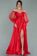 Kırmızı Uzun Kol Kayık Yaka Saten Abiye Elbise ABU2025