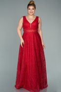 Kırmızı Kolsuz Uzun Simli Büyük Beden Abiye Elbise ABU2030