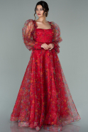 Kırmızı Uzun Kol Empirme Baskı Tül Abiye Elbise ABU1820