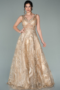 Gold Güpürlü Transparan Uzun Abiye Elbise ABU2146