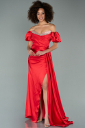 Kırmızı Karpuz Kol Kuyruklu Saten Uzun Abiye Elbise ABU2135