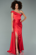 Kırmızı Tek Omuz Taşlı Uzun Saten Abiye Elbise ABU2114