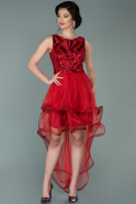 Kırmızı Önü Kısa Arkası Uzun Kolsuz Mezuniyet Elbisesi ABO084