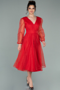 Kırmızı Uzun Kol V Yaka Simli Davet Elbisesi ABK1315