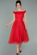 Kırmızı Kayık Yaka Midi Simli Mezuniyet Elbisesi ABK1316