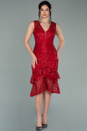 Kırmızı Kolsuz Eteği Volanlı Pullu Davet Elbisesi ABK1308