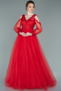 Kırmızı Omuz Dekolteli Uzun Kol Prenses Abiye Elbise ABU2250