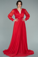 Kırmızı Uzun Kol V Yaka Tül Abiye Elbise ABU2265