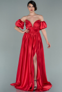 Kırmızı Straplez Dik Yaka Uzun Saten Abiye Elbise ABU2270
