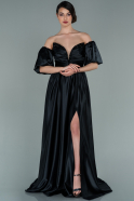 Siyah Straplez Dik Yaka Uzun Saten Abiye Elbise ABU2270
