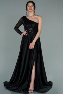 Siyah Tek Kol Pullu Saten Uzun Abiye Elbise ABU2175