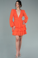 Orange Uzun Kol V Yaka Şifon Kısa Davet Elbisesi ABK803