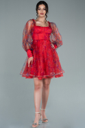Kırmızı Uzun Kol Empirme Baskı Mezuniyet Elbisesi ABK1368