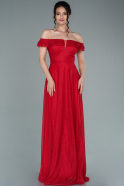 Kırmızı Kayık Yaka Uzun Simli Abiye Elbise ABU2351