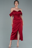 Bordo Straplez Yırtmaçlı Midi Saten Abiye Elbise ABK1404