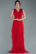 Kırmızı Kolsuz Etekleri Katlı Uzun Tül Abiye Elbise ABU2429
