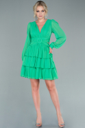 Yeşil Uzun Kol Şifon Kısa Davet Elbisesi ABK1450