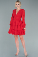 Kırmızı Uzun Kol Şifon Kısa Davet Elbisesi ABK1450