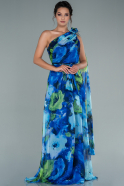 Mavi Çiçekli Tek Omuz Empirme Baskı Uzun Şifon Abiye Elbise ABU2492