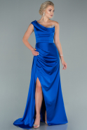 Saks Mavi Tek Omuz Taşlı Uzun Saten Abiye Elbise ABU2114