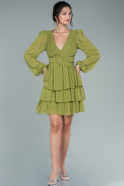 Fıstık Yeşili Uzun Kol V Yaka Şifon Kısa Davet Elbisesi ABK803