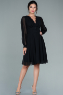 Siyah Uzun Kol Kısa Şifon Davet Elbisesi ABK1480