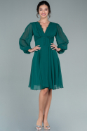 Zümrüt Yeşili Uzun Kol Kısa Şifon Davet Elbisesi ABK1480
