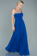 Saks Mavi Taşlı Kayık Yaka Uzun Şifon Abiye Elbise ABU2548