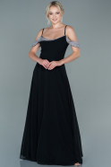 Siyah Taşlı Kayık Yaka Uzun Şifon Abiye Elbise ABU2548