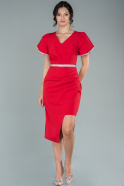 Kırmızı Kısa Kol V Yaka Davet Elbisesi ABK1488