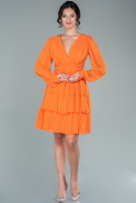 Orange Uzun Kol Şifon Kısa Davet Elbisesi ABK1450
