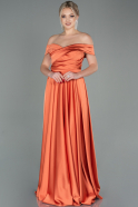 Orange Kayık Yaka Uzun Saten Abiye Elbise ABU2750