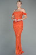 Orange Kayık Yaka Pullu Uzun Abiye Elbise ABU2780