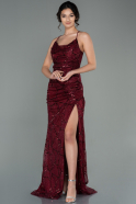 Bordo Degaje Yaka Pullu Uzun Abiye Elbise ABU2803