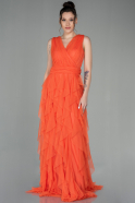 Orange Kolsuz Etekleri Katlı Uzun Tül Abiye Elbise ABU2429