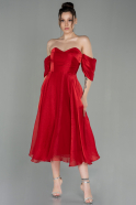 Kırmızı Kayık Yaka Midi Dalya Mezuniyet Elbisesi ABK1738