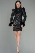 Siyah-Gümüş Otrişli Uzun Kol Mini Pullu Davet Elbisesi ABK1638