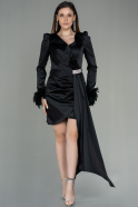 Siyah Otrişli Uzun Kol Kısa Saten Davet Elbisesi ABU2902