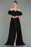Siyah Kayık Yaka Uzun Saten Mezuniyet Elbisesi ABU2917