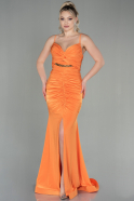 Orange Askılı Drapeli Uzun Balık Abiye Elbise ABU2918