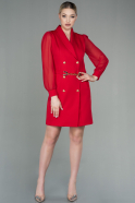 Kırmızı Şifon Uzun Kol Kısa Davet Elbisesi ABK1663