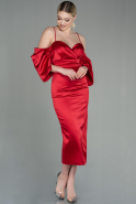 Kırmızı Askılı Midi Saten Davet Elbisesi ABK1676